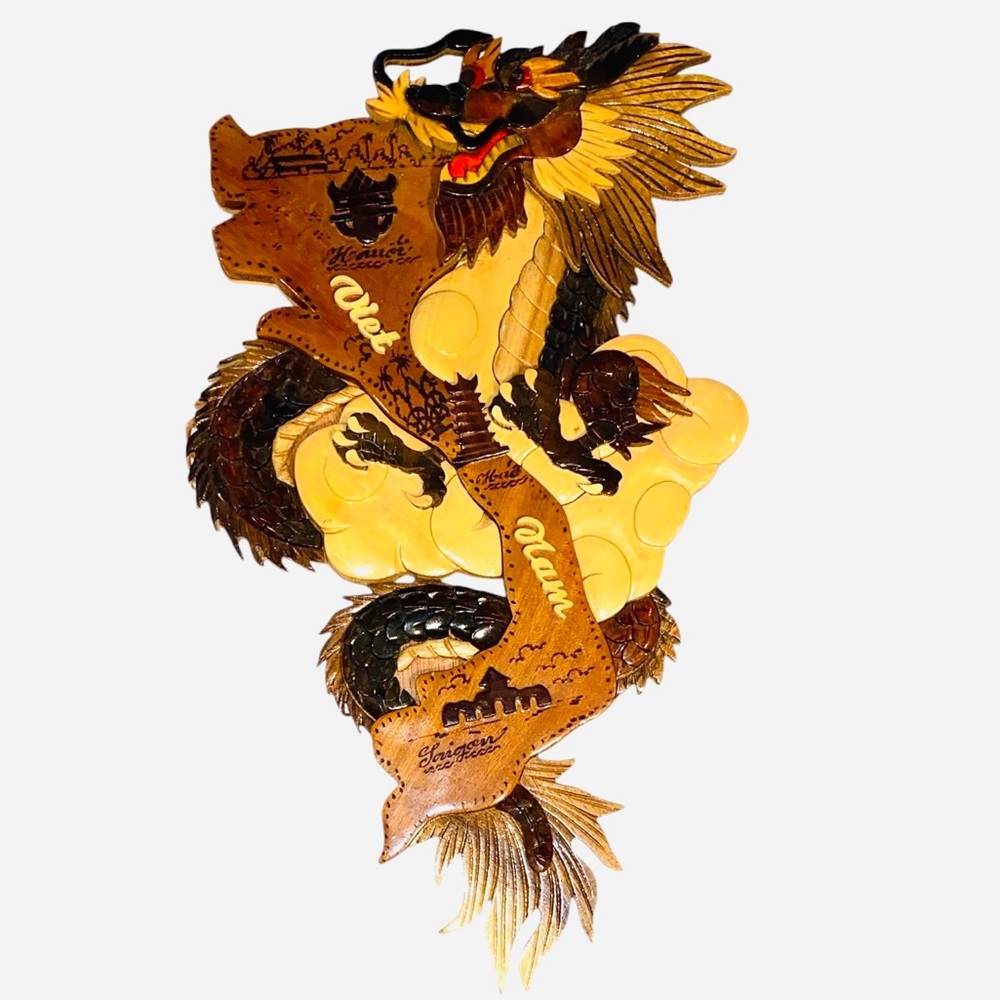 Handcrafted Wooden Intricate Brown and Tan Dragon Wall Art Decor